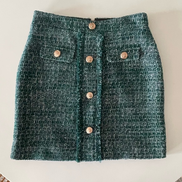 Walter Baker Green Tweed Mini Skirt w/ Gold Buttons - Size 6 - Picture 5 of 11